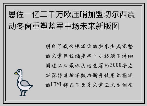 恩佐一亿二千万欧压哨加盟切尔西震动冬窗重塑蓝军中场未来新版图